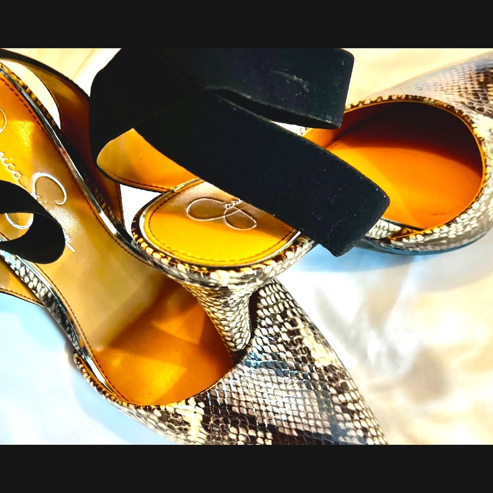 Jessica Simpson Snakeskin 4.5” heel with angle strap
